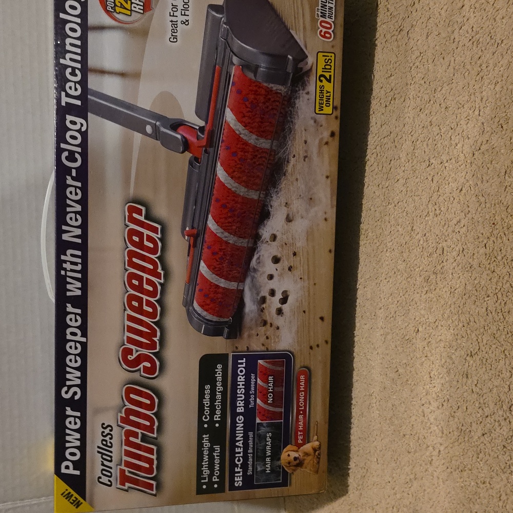 Cordless Rechargeable Turbo Sweeper. 1200 rpm. 60 Minute Run Time. New In Box
